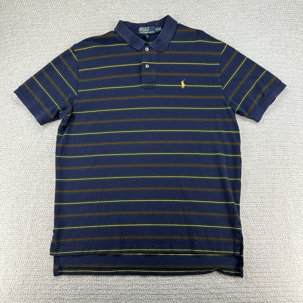 Polo Ralph Lauren Shirt Mens XL Navy Blue Striped Polo Golf Preppy Short Sleeve